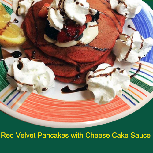 red velvet pancakeswith cheese cake sauce